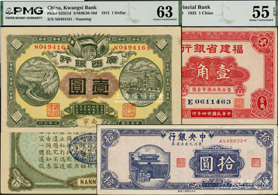 民国纸币3种，详分：中央银行1945年东北九省流通券拾圆；广西银行1912年南宁地名壹圆；福建省银行1935年壹角；八至九五成新，敬请预览