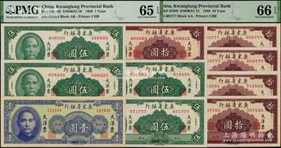 民国三十八年（1949年）广东省银行大洋票共10枚，详分：壹圆1枚、伍圆4枚、拾圆5枚，且每枚均属趣味豹子号，已评级，全新
