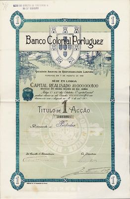 1918年葡萄牙殖民地银行股票，1股计100埃斯库多；该银行一度属于大西洋银行之附属机构，早期曾在澳门等地开设有分支机构；海外藏家出品，八成新