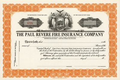 19xx年（纽约）保罗里维尔火灾保险公司股票，未填用发行；该公司在香港和中国设有代理处，此股票约发行于40年代之前，九五成新