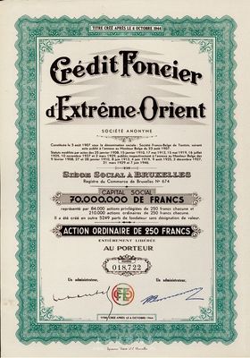 1944年义品放款银行股票，绿色普通股250法郎，票上有天津英文地名，法国藏家出品，八五成新