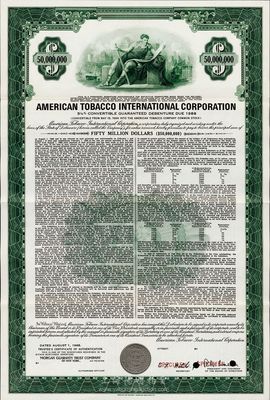 1968年美国烟草公司债券样本，面额5000万美元，价值令人震惊；此为全世界最大面额的债券，源于美国钞票公司档案，雕刻版印刷极其精致；海外藏家出品，珍罕，八五成新