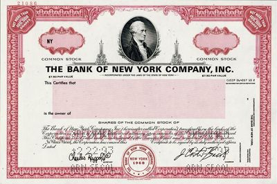1968年纽约银行股票样本，此股票定额在10万股以内，海外藏家出品，源于美国印钞厂档案，雕刻版印刷，少见，全新