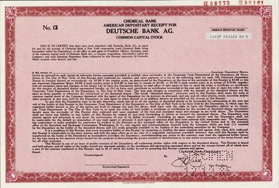 1985年德意志银行股票样本，此股票原在纽约上市发行；海外藏家出品，源于美国印钞厂档案，雕刻版印刷，少见，全新