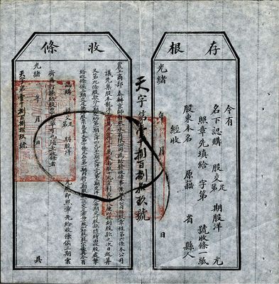 光绪年（1907年）农工商部奏办·京师自来水有限公司股票收条，附带有存根，八成新