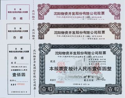 1989年沈阳物资开发股份有限公司（在深圳上市）股票票样共3枚全套，详分：壹股计人民币壹佰圆，拾股计人民币壹仟圆，壹佰股计人民币壹万圆，内均有梅花水印，全新