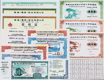 改革开放时期中国各公司股票12种，详分：1992年南德(集团)股份有限公司股权证500股、1000股，票上由著名前“中国首富”牟其中签名；安徽省福源股份有限公司股权证50股、100股、1000股；1993年北京市华远房地产股份有限公司职工个人股权证1000股，由任志强签名；东风汽车财务股份有限公司股权证100股；唐山宏达建材股份有限公司股权证100股；1989年江苏沂淮地方铁路