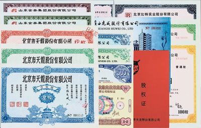 90年代初期中国各上市公司股票共14种不同，详分：1986年北京市天龙股票1股、5股、10股及股权证；1989年山东金泰集团股票100股、500股；1992年北京比特实业股权证100股、1000股、10000股；石家庄宝石电子玻璃股权证50股；1993年广西虎威股权证500股；咸阳偏转线圈股权证500股；陕西省金叶印务100股、1000股；印刷精美，部分有水印，九成至全新