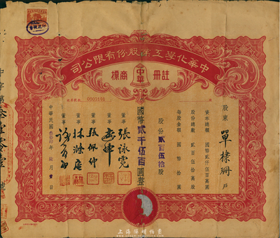 民国叁拾肆年（1945年）中华化学工业股份有限公司股票，贰百伍拾股计国币贰千伍百圆，票上董事张詠霓即为上海光华大学创始人兼校长张寿镛氏（浙江名人，曾任省财政厅长），背有贴补，六成新