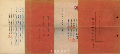 中国传统式老股票2册，详分：1951年（上海）沧州书场合夥契约，资本总额人民币7500万元，分作50股，内中开列16名股东（多江浙两省籍）出资状况及公议条款等；1954年（上海）新华书城有限公司章程（即合约），资本总额人民币1.12亿元，内中开列5名股东出资状况及公议条款等；内容极富内涵，保存甚佳，敬请预览