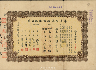 民国三十七年（1948年）华大皮革股份有限公司股票，贰万伍仟股计国币贰佰伍拾万圆，票上股东为香港国民商业储蓄银行上海分行正司理唐宝书之妻唐胡宝莲，八成新