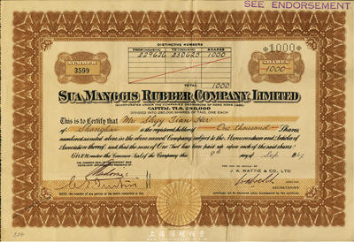 1947年Sua Manggis(萧曼奇士)橡胶公司股票，面额1000股（每股银1两），票上有水印；该公司注册于香港，而股票在上海发行，由华人史天和氏承购，背面有中文记录户名信息及该公司已闭歇等情形；八成新