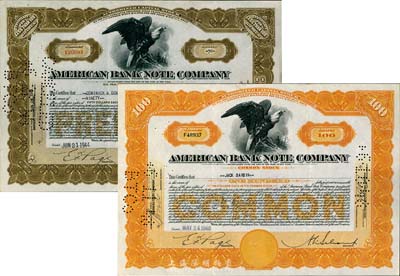 美国钞票公司股票2种，详分：1944年（不定额股·棕色）90股计900美元，1948年（定额股·黄色）100股计1000美元，该公司曾帮中国印制大量钞票，八五成新