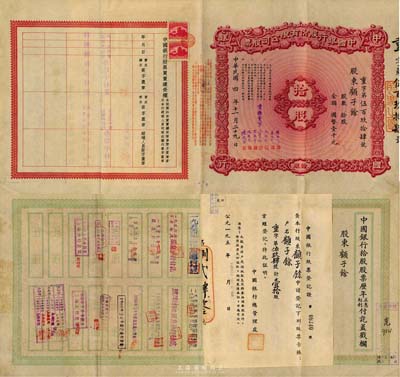 民国四年（1915年）中国银行股份有限公司股票，拾股国币壹千元，由常务董事钱新之、叶琢堂、孔祥熙、宋子文、宋汉章、冯耿光、陈光甫签名，背面流通状况明显，兑付股息至1965年，少见，八五成新（背附1952年中国银行股票登记证1张）