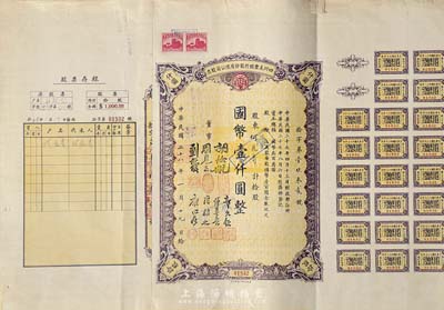 民国二十八年（1939年）四川美丰银行股份有限公司股票，拾股国币壹仟圆，附带存根及股红息票，近八成新