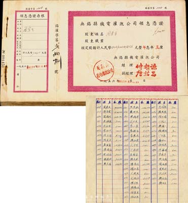 1956年无锡县机电灌溉公司领息凭证1册共50张，附带有存根，且有列表注明所有股东姓名及金额；整册者甚为少见，八至九成新