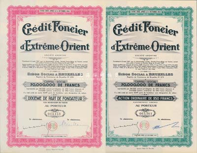 1944年义品放款银行股票2种，详分：紫红色优先股250法郎、绿色普通股250法郎，票上印有天津英文地名，八五成新
