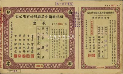 民国卅七年（1948年）梅林罐头食品厂股份有限公司股票，壹万股计国币壹拾万圆，附带增资股款收据，票上董事窦耀庭乃上海滩著名地产商，投资广泛，曾出资与邵醉翁经营“笑舞台”，并聘请张石川担任顾问，其弟张巨川为前台经理，郑正秋为后台经理，促成中国电影业之伊始；这是目前唯一还上市的公司，八成新