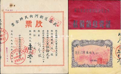 50年代湖北老股票2种，详分：1956年湖北省武汉市公私合营(霞光楼中心店)私股领息凭证，股金人民币陆拾元，小册型，所印游行图极富社会主义特色；1958年武昌区新河街民办企业股票，股额人民币壹拾贰圆；八成新