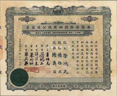 民国卅三年（1944年）华隆保险股份有限公司股票，陆拾股计股银陆万圆，票上董事王伯元乃上海滩金业大王、荣鸿三乃无锡荣氏家族（荣宗敬之次子，荣毅仁堂兄），而承购股东则为荣宗敬长子、著名实业家荣鸿元氏；该股票仅为00009号，尤为值得珍视，八成新