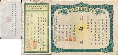 民国三十五年（1946年）仁立实业股份有限公司股票，伍股计国币伍佰元，天津老股票，票上由董事孙锡三（咸丰状元孙家鼐后裔）、包培之（即包光镛，浙江鄞县人，曾任中孚银行天津分行经理等职）等签名；八成新（另附1947年股款收据1枚，面额壹仟股计法币壹拾万元）