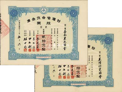 1954年台湾省合作金库股票共2枚，均为贰股计新台币贰拾元，票上股东分为台南农民协会和基隆渔业协会，九五成新