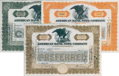 美国钞票公司股票共3枚全套，详分：1935年褐色10股计100美元；1944年棕色90股计900美元，1948年黄色定额100股计1000美元，该公司曾帮中国印制过大量钞票；海外藏家出品，八五成新