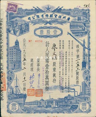 1955年（公私合营）广州投资股份有限公司股票，壹股计人民币壹拾万圆（即新人民币壹拾元），八成新