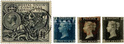 早期英国邮票4枚，内含2枚“黑便士”邮票、1枚“蓝便士”邮票等；保存尚佳，敬请预览