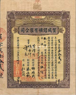 民国廿二年（1933年）贺成锡矿有限公司股票，伍股计股本银伍佰元，票上由总经理邓泽如（国民党元老、曾任同盟会马来西亚分会会长）、董事黄隆生（兴中会会员，曾任中央银行第一任副行长、中山装之设计者）等亲笔签名；海外藏家出品，诚属广西省老股票之精品，八成新