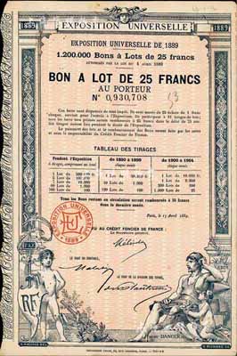 1889年巴黎世博会股票25法郎，少见，八成新