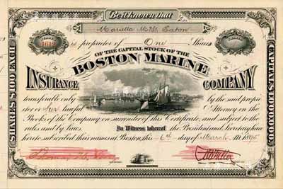 1895年波士顿海上保险有限公司股票，1股计100美元，该公司曾在香港和上海拓展业务；美国藏家出品，少见，八成新