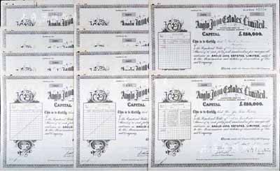 1947年英商爪哇地产公司股票共10枚连号，面额均为100股（每股10先令），有水印；该公司注册于香港，此股票则发行于上海，七至八成新