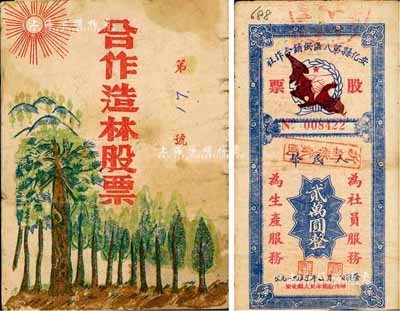 新中国老股票2种，详分：1951年合作造林股票，图案颇富特色；1954年安化县第八区供销合作社股票人民币贰万圆，上印“为社员服务、为生产服务”口号；七五成新