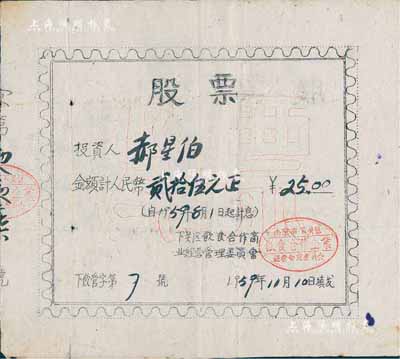 1959年南京市下关区饮食合作商业经营管理委员会股票，金额人民币贰拾伍元，油印版，其号码为“第7号”，少见，八成新