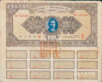 民国十九年（1930年）国民革命军第二十一军整理借款短期公债券壹圆，由四川军阀刘湘发行，附带有完整息票，近八成新