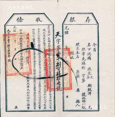 光绪年（1907年）农工商部奏办·京师自来水有限公司股票收条，未填用附带有存根，九成新