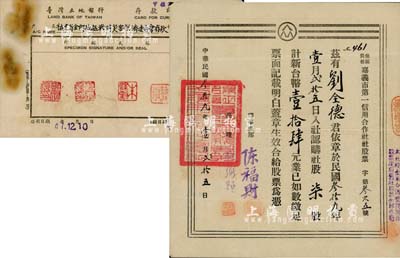 1950年保证责任·嘉义市第一信用合作社社股票，柒股计新台币壹拾肆元，台湾金融业老股票，已塑封，八成新（另附1958年台湾土地银行存款印鉴卡1份，其上户名为“福建省金门地区战时灾害救济委员会存款”）