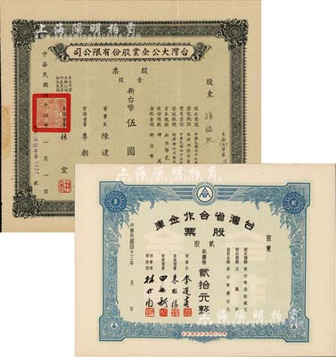 台湾老股票2种，详分：1954年台湾省合作金库股票，贰股计新台币贰拾元，未填用附存根；1955年台湾大公企业股份有限公司股票，壹股计新台币伍圆；台湾藏家出品，八五至九成新