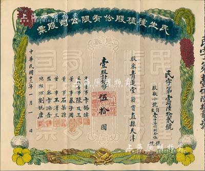 民国十三年（1924年）民生种植股份有限公司股票，壹股计银币伍拾圆，天津老股票，图案美观，背印章程；票上董事暴子周曾任天津绸缎布疋棉纱同业公会会长，附带有封套；八五成新