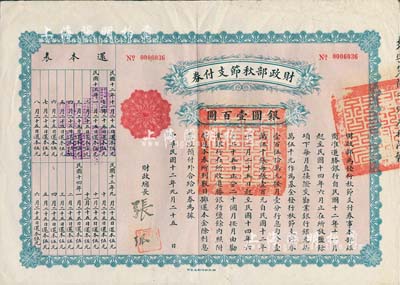 民国十二年（1923年）财政部秋节支付券银圆壹百圆，由北洋政府财政总长张弧签署，近八成新