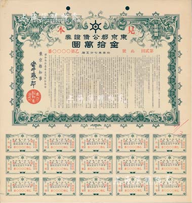 昭和叁拾壹年（1956年）东京都公债证券见本（即样本券），面额金拾万圆，附带有完整息票，有水印，九成新