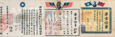 民国时期浙江温岭籍段剑鸣氏之证书共3张不同，详分：1930年（上海）私立浦东中学·毕业证书1张；1947年浙江训练团·毕业证书1张，颁给学员段剑鸣氏在本团第二十五期税务班训练6个月期满，由主任沈鸿烈(曾任山东省主席)等签署；1947年国民政府考试院“特种考试复员军官佐转业考试及格证书”1张，准段剑鸣氏以少校队员复员转业税务人员，由考试院院长戴传贤等签署；少见且保存尚佳，敬请预览