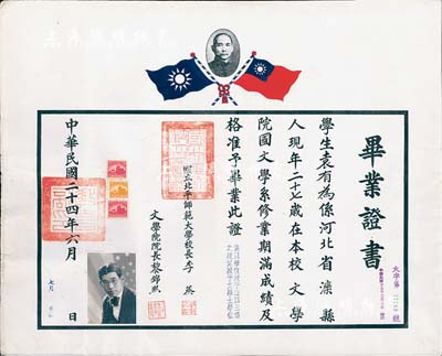 民国二十四年（1935年）“国立北平师范大学”毕业证书1张，颁给河北滦县籍学生袁有为氏，由校长李蒸、文学院院长黎锦熙签署，上印双旗及孙中山像，品相极佳，九成新（注：国立北平师范大学创办于1902年，前身乃京师大学堂师范馆。自清代建校以来，曾在民族进步事业上发挥了重要作用，李大钊、梁启超、钱玄同、黎锦熙等名师先贤均曾在此弘文励教。1949年起改称北京师范大学。）