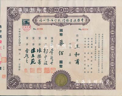 民国三十四年（1945年）中国渔业银行股份有限公司股票，柒股计国币柒佰圆，其上所印古币图甚为别致；珍罕品，八成新