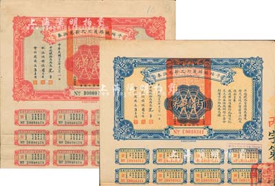 民国二十三年（1934年）平绥铁路员工欠薪兑换券丙种券伍拾圆、丁种券百圆，均附带有息票；台湾藏家出品，八成新