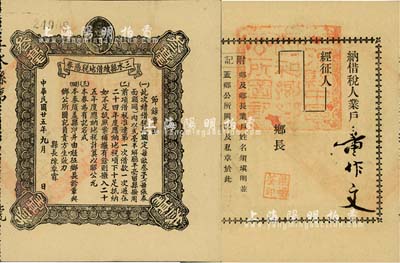 民国廿五年（1936年）三水县续借地税凭券，面额叁毫，上印孙中山头像，由县长陈卓霖签署，八成新