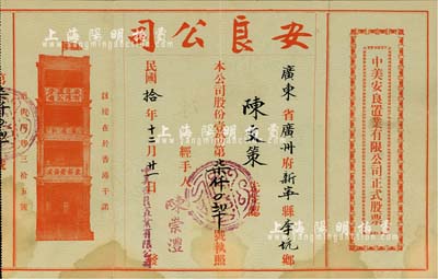 民国拾年（1921年）中美安良置业有限公司正式股票，面额股份壹份，少见且内有水印，近八成新