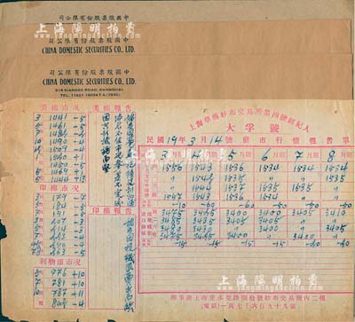 民国19年（1930年）上海华商纱布交易所第四号经纪人·大孚号·3月14号前市行情报告单1份，上有美棉、印棉等市况；另附“中国股票股份有限公司”封套3个；七成新