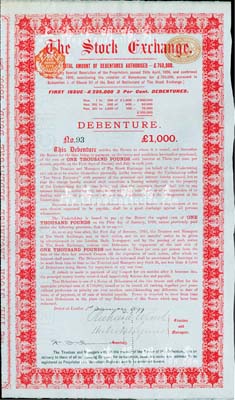 1899年（英国）伦敦证券交易所债券1000英镑，内有水印，罕见，八五成新